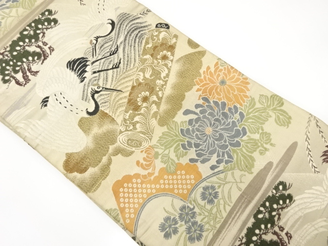 アンティーク　蒔絵に鶴・菊・松模様織り出し丸帯（材料）